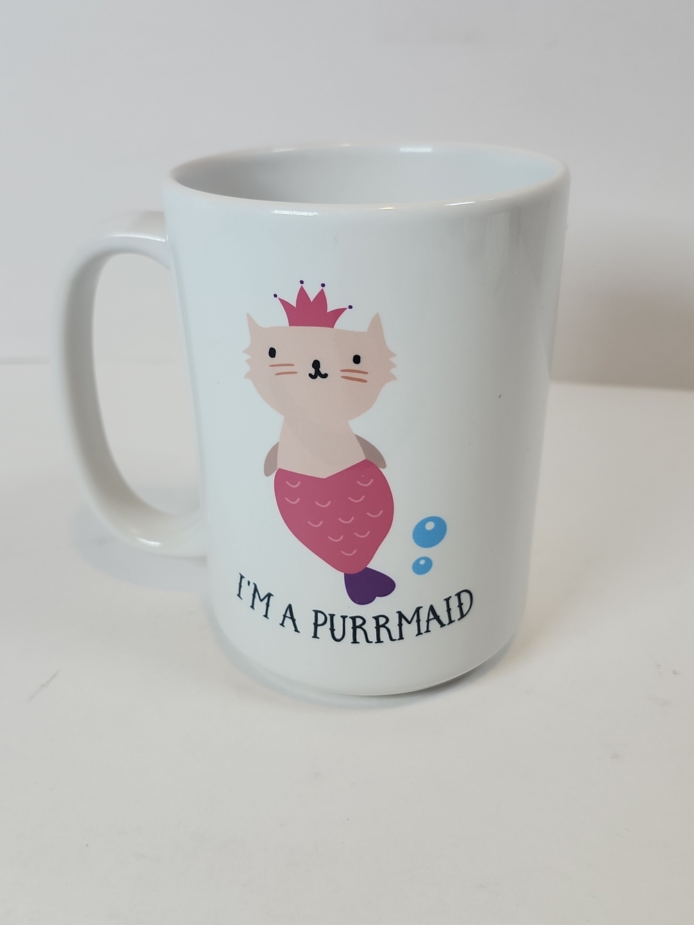 White Ceramic Mug with Pink Cat-Mermaid Design